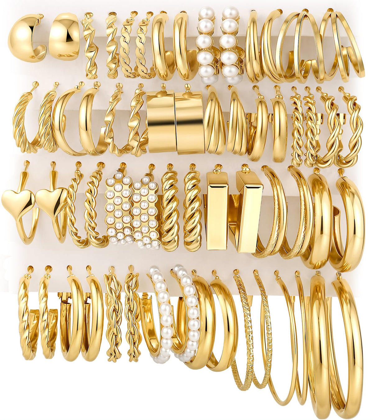 30 Pairs Gold Hoop Earrings Set for Women, Hypoallergenic Pearl Twisted Statement Hoops Multipack, Small to Chunky Hoop Earrings for Women Trendy