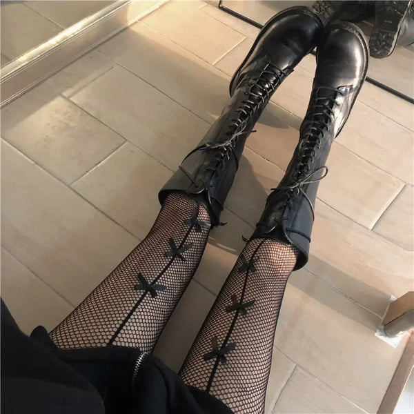 Kawaii Gothic Bow Knot Hollow Fishnet Pantyhose