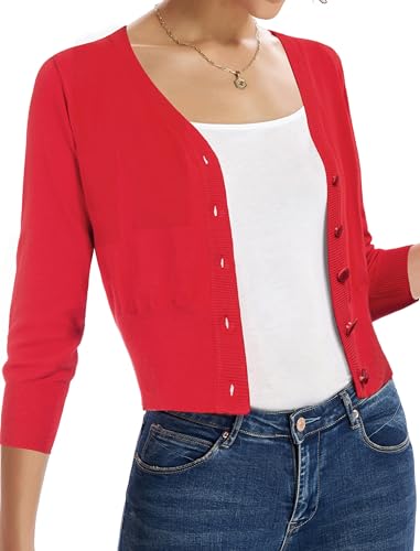 Women's 3/4 Sleeve Cropped Cardigan Shrug — Button-Down Sweater