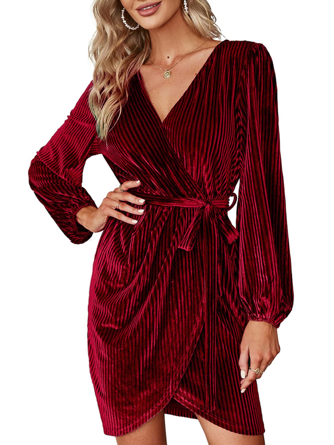 BerryGo Women's Long Sleeve Wrap Semi Formal Velvet Mini Dress Sexy Cocktail Party Winter Club Dress