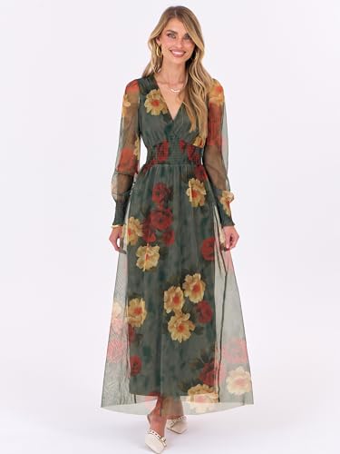 ANRABESS Women's Fall Wedding Guest Tulle Floral Long Sleeve Maxi Dress