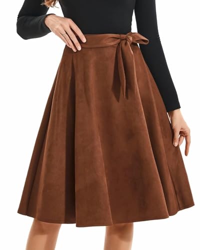 DIASHINY Faux Suede Knee Length Skirt for Women High Waist Flared Stretch A Line Midi Skater Skirts Main image