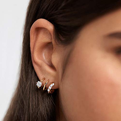 14K Gold Plated Illusion Stud Earrings for Women | Triple Huggie Hoop Earrings for One Hole| Trendy Simple Hypoallergenic Fashion Accessories Gold Secondary image