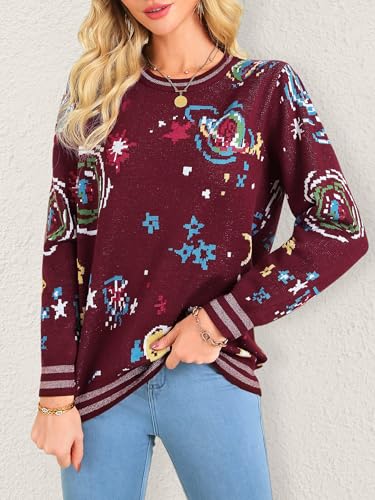 Women's Retro Space Galaxy Graphic Knit Sweaters Vintage Crewneck Pullover