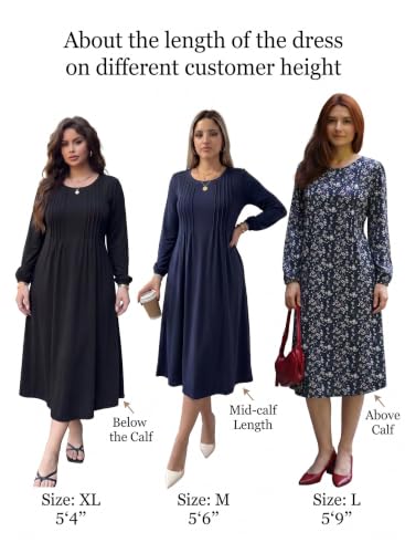 Zeagoo Fall Dresses for Women Long Sleeve Midi Dress Casual A Line Dresses 2026 Pleated Flare Dress with Pockets