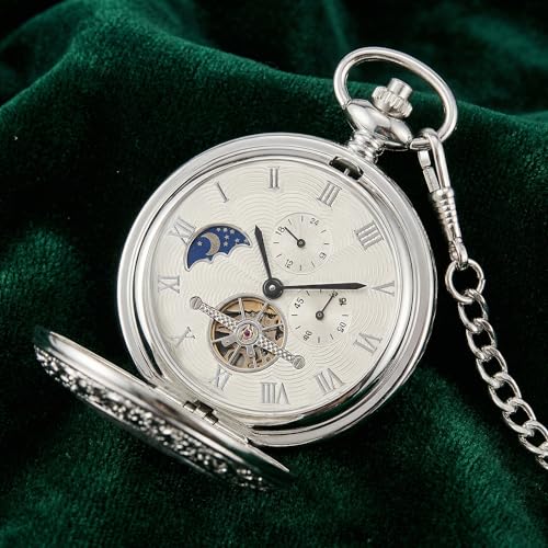 Mechanical Pocket Watch for Men — Antique Silver Wind-Up with Chain