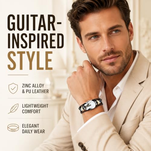 Retro Guitar Leather Bracelet for Man Women Unique Bead Braided Handmade Ethnic Tribal Cuff Multi-Layer Cords Wrap Music Shape Punk Rock Jewelry Gifts Wristband