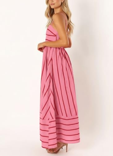 chouyatou Women's Striped Back Smocked Maxi Dress Sexy Spaghetti Strap Cut Out Flowy Swing Long Dress