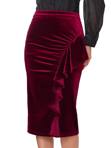 Women's Evening Bodycon Skirt Ruffled Ruched High Waist Formal Cocktail Midi Velvet Skirts Main image