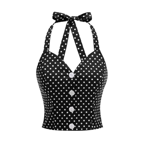 Vintage Tops for Women 1950s Polka Dot 50s Pin up Rockabilly Top Halter V Neck Pinup Retro Tops 50's Vintage Blouses Tank Top