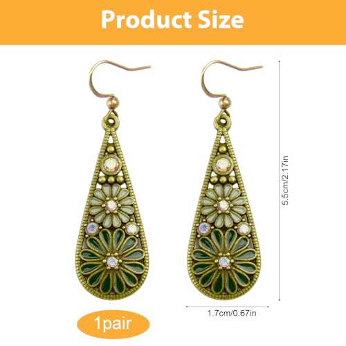 Olive Green Crystal Teardrop Floral Boho Earrings