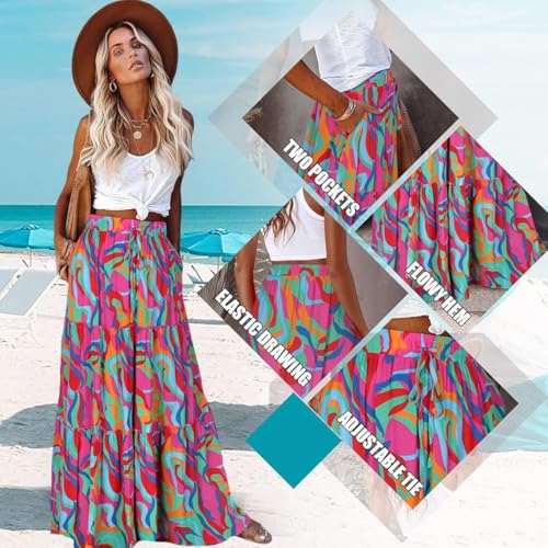 EARKOHA Womens Boho Maxi Skirt 2026 Summer Cruise Casual High Waist Tie Flowy Long Skirt with Pockets For Beach Vacation