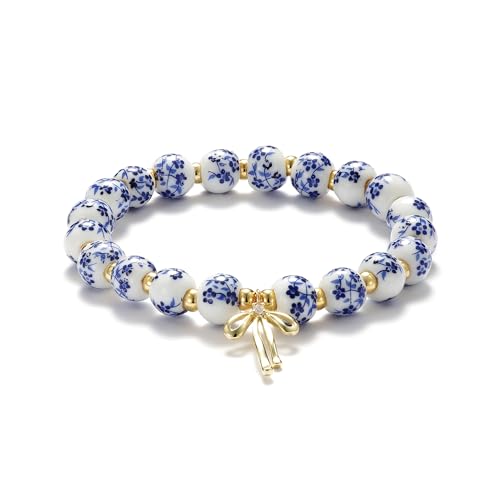 Beaded Bracelets for Women,Bow Charm Blue Flower Gold Plated Jewelry Women