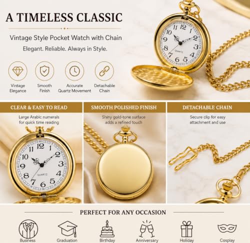 Smooth Vintage Gold Pocket Watch with Chain