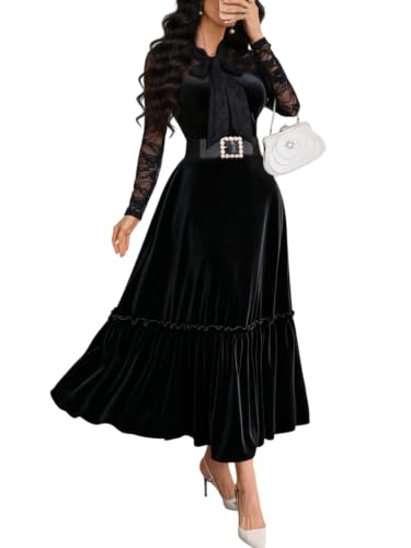 GothDark Women's Velvet Dress Lace Long Sleeve Tie Neck Formal Party Outfit