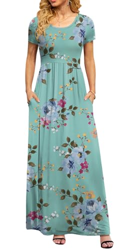 DB MOON Women's Summer Maxi Dress Casual Short Sleeve Empire Waist Pockets