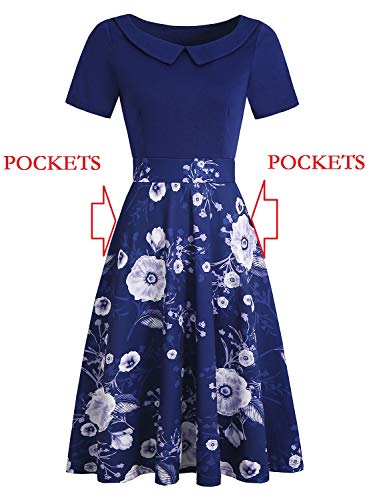 Women's Elegant Vintage Dresses Knee Length Casual Floral Print Work Party Peter Pan Collar A-Line Dress with Pockets 978
