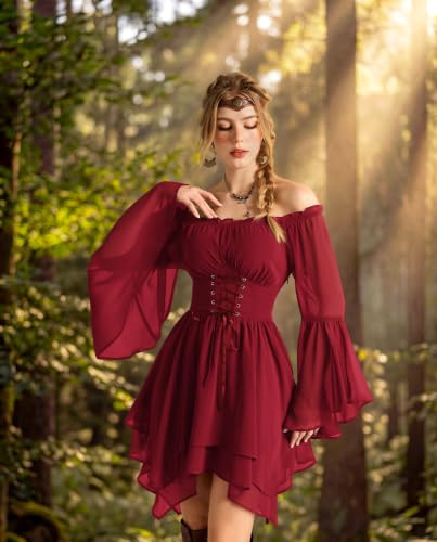 Scarlet Darkness Renaissance Costume Women Chiffon Corset Pirate Mini Dress