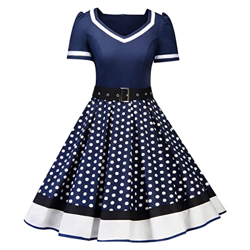 Women Vintage 1950s Dress 50s Polka Dot Rockabilly A-Line Swing Tea Party Prom Retro Cocktail Party Swing Dresses with Belt