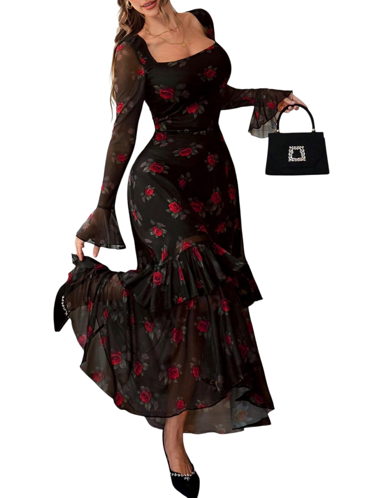 GothDark Women's Floral Mesh Square Neck Fall Wedding Guest Maxi Dress