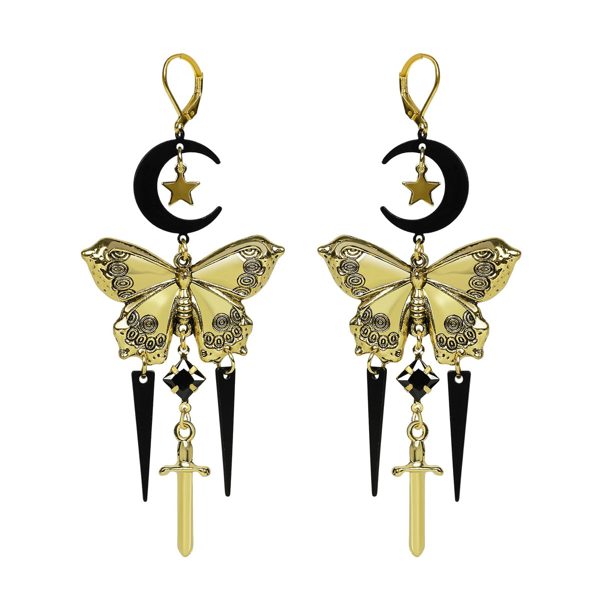 Whimsy Goth Moon & Star Butterfly Drop Earrings Whimsical Jewelry