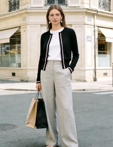 Women's Cardigan Sweater Color Block Long Sleeve Crew Neck Knit Cardigan Trendy Cropped Cardigan Shrug