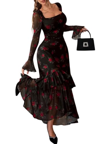 GothDark Women's Floral Mesh Square Neck Fall Wedding Guest Maxi Dress