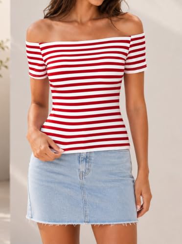 LilyCoco Off The Shoulder Tops for Women Striped Short Sleeve Sexy Going Out Top