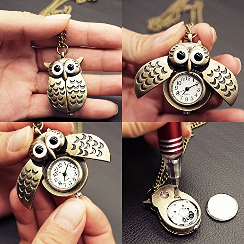 Vintage Cute Flying Owl Pocket Watch, Long Chain Sweater Pendant Neckl