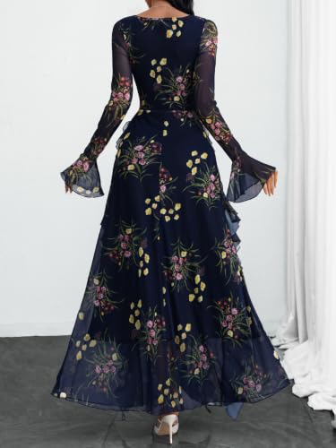 GothDark Women's Floral Dress Long Sleeve Square Neck Ruffle Party Outfit