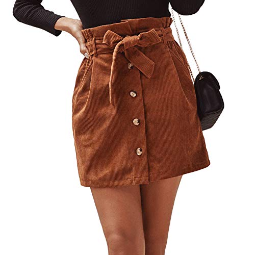 Susupeng Women Paperbag High Waist Elastic Belted Corduroy Button Front with Pockets Short Mini Skirt