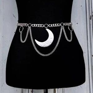 Moon Layered Waist Chain Belt — Punk Gothic Skull Body Chain, Three‑Tier Tassel Waist Harness (Antique Silver or Black)