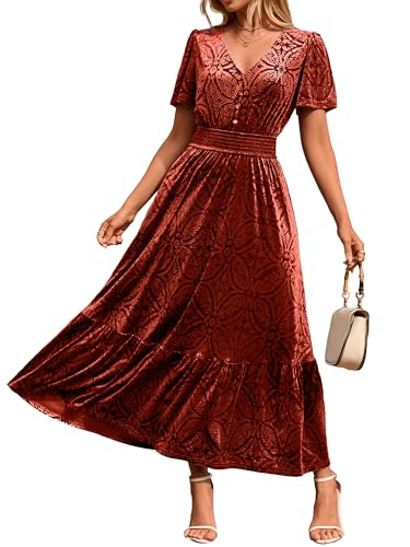 Simplee Womens Fall Velvet Dress Short Sleeve V Neck Floral Maxi Dress Long Formal Winter Wedding Guest Dresses