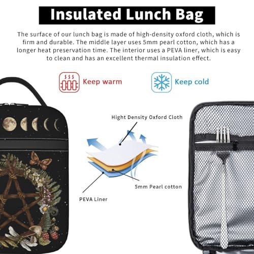 Gianlaima Wicca Moon Phase Witchy Star Magic Mushroom Insulated Lunch Box For Women And Man, Portable Lunch Bags Reusable Cooler Tote For Office Work Travel Picnic Camping Beach