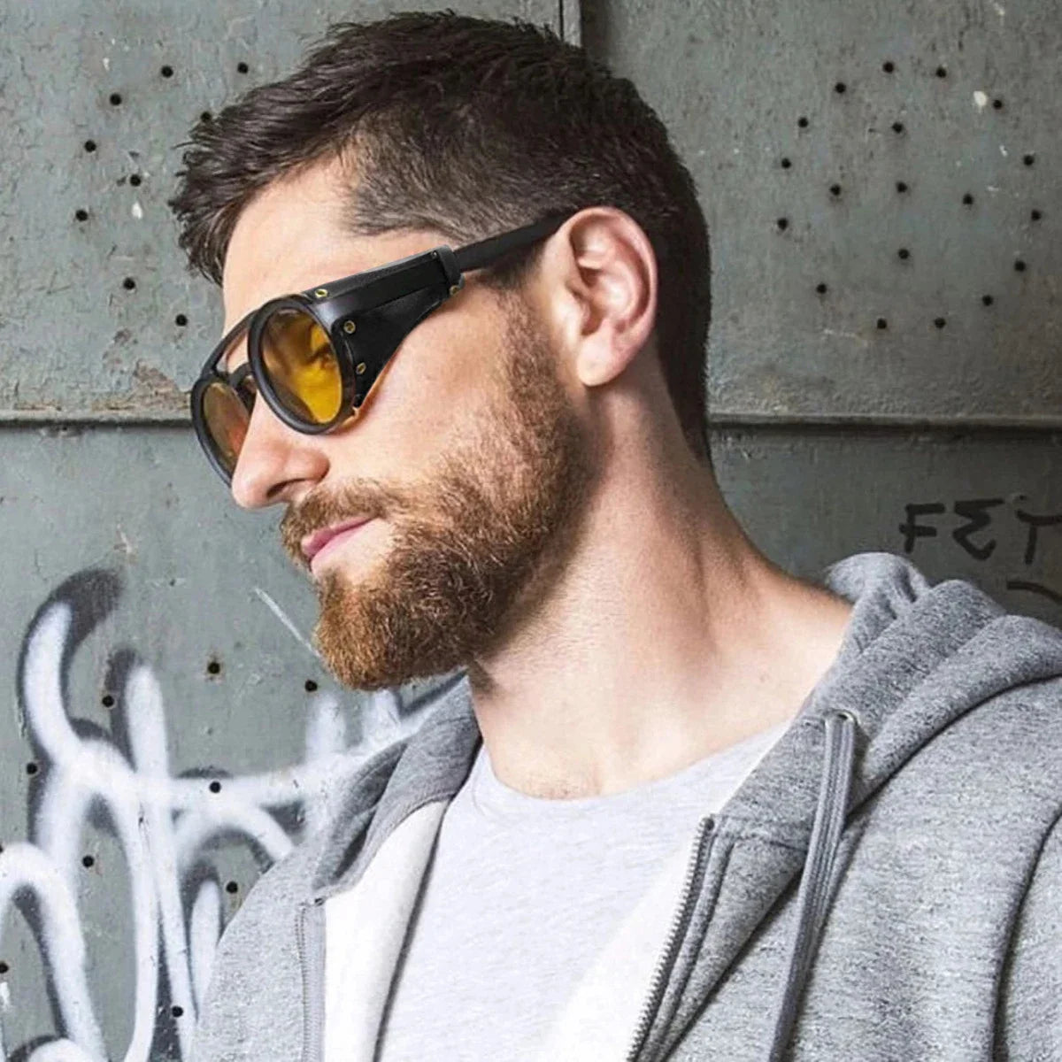 Retro Round Steampunk Sunglasses with Leather Shades