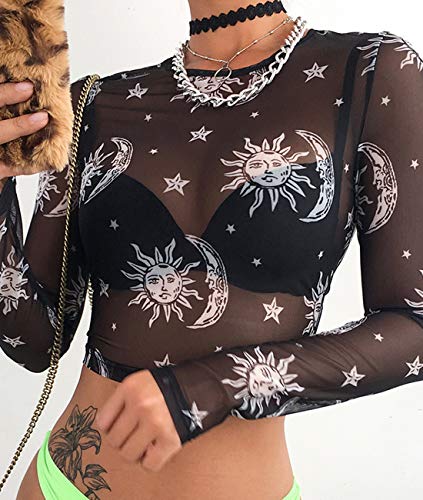 MIZOK Women's Long Sleeve See Through Shirts Angel Print Sexy Sheer Mesh Crop Tops