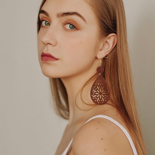 9/12 Pairs Boho Vintage Earrings for Women, Western Cowgirl Concho Oval Turquoise Dangle Earrings, Geometric Round Wooden Leather Ethnic Sunflower