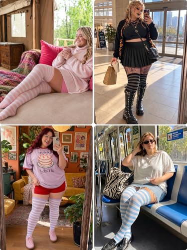 Moon Wood Plus Size Thigh High Socks for Women Knit Cotton Extra Long Striped Over the Knee High Socks Leg Warmers