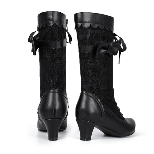 Women Vintage Victorian Boots Lace Mid Calf Granny Boots Zipper Costume Renaissance Shoes Mid Heel Wedding Dress Boots with Bows