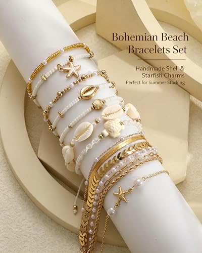 Boho Gold Beaded Bracelets for Women, Stackable Bracelets
