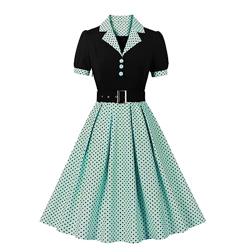 1950s Dresses for Women Vintage Rockabilly Retro Short Sleeve Tie Midi Dress Cocktail Party Evening Prom Gown