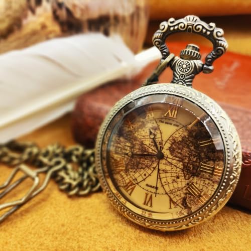 Tea Colored Glass Double Earth Pattern Pocket Watch, Unisex Casual Qua
