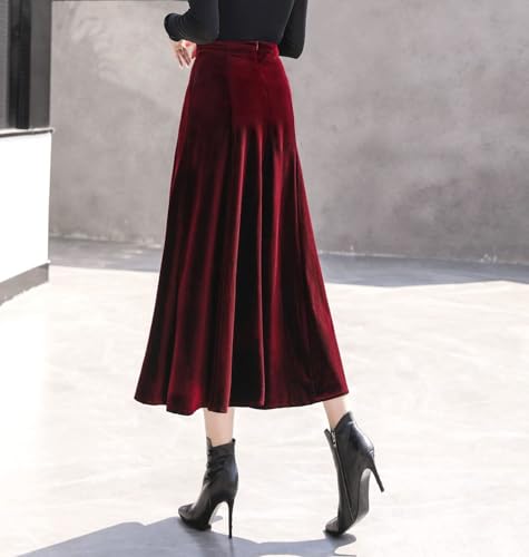 Women's High Waist Pleated Velvet Skirt Casual Slim Flowy Swing A-line Midi Skirts with Pockets Secondary image