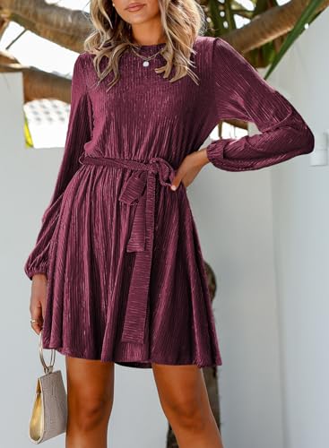Happy Sailed Women's Velvet Dress Lantern Sleeve High Waist A-Line Skater Cocktail Party Dresses with Belt Business wear