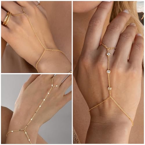 3PCS 14K Gold-Plated Hand Chain Bracelets for Women, Stack Bracelets Set Adjustable, Trendy Dainty Ring Bracelet Hand Chain