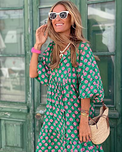 miduo Womens Casual V Neck Half Sleeve Bohemian Geometric Maxi Long Dresses