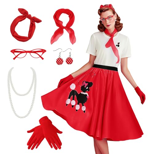 1950s Poodle Skirt Costume 8Pcs Vintage Sock Hop Outfit with T-Shirt, Scarf for Halloween, Retro Parties, Cosplay