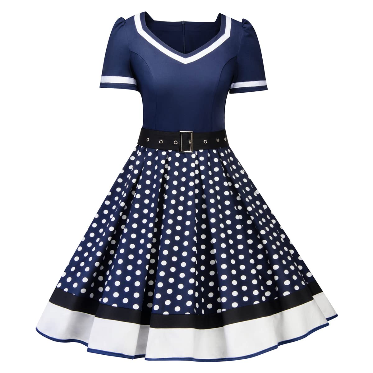 Women Vintage 1950s Dress 50s Polka Dot Rockabilly A-Line Swing Tea Party Prom Retro Cocktail Party Swing Dresses with Belt
