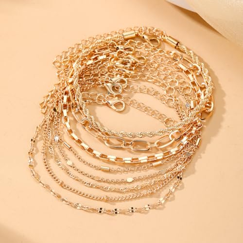 IFKM Gold Bracelets for Women, 14K Gold Plated Dainty Link Chain Bracelet set, Trendy Stackable Layered Bracelets jewelry Gifts