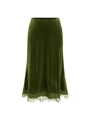 CIDER Vintage Velvet Midi Skirt for Women Lace Hem A Line Maxi Skirt